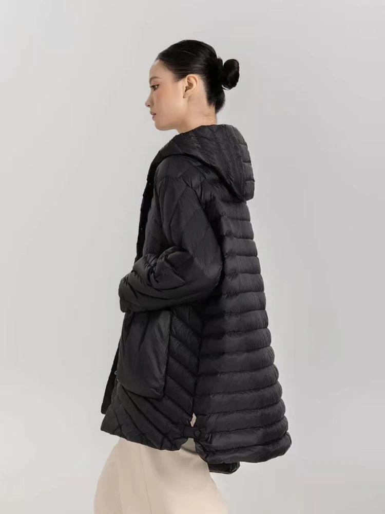 2025年冬 超軽量 パフジャケット レディース 90% ホワイトダックダウン コート ルーズ フード付き カジュアル パーカー 防風 ベーシック アウター