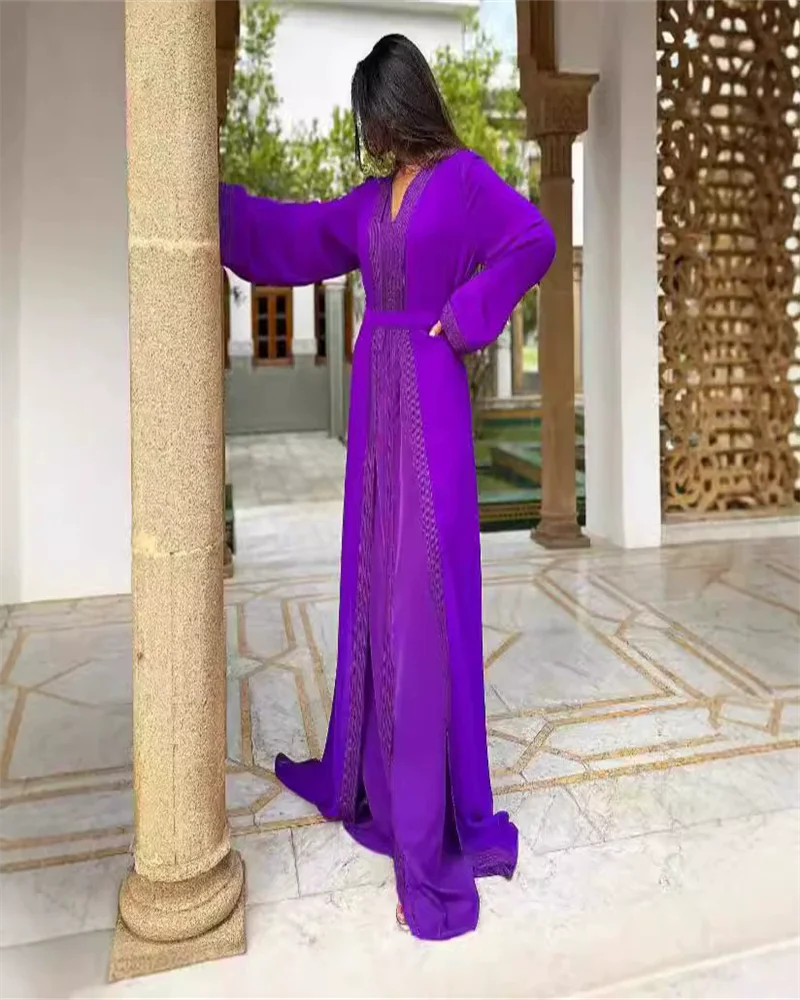 Café Color2 pièces ceinture Abaya ensemble dubaï turquie Bangladesh musulman Hijab modeste caftans Robe Robe Femme Ensembles islamiques 2025
