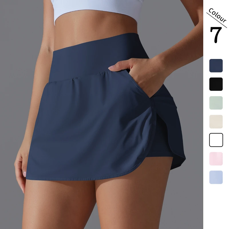 

Cool sunscreen tennis skirt high waist tight and thin fake two-piece skirt pants women's back waist pocket sports yoga skirt qui