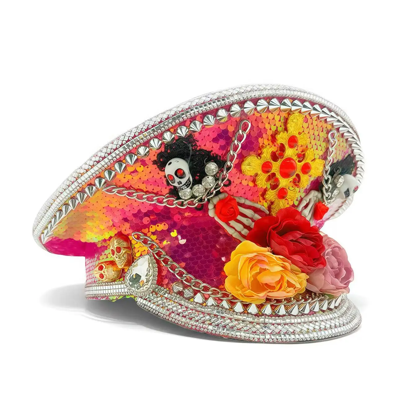 HongLuan Chapéu de capitão com laço de couro amarelo laser strass e bonés militares para mulheres, acessórios para festivais rave e boné de festa masculino