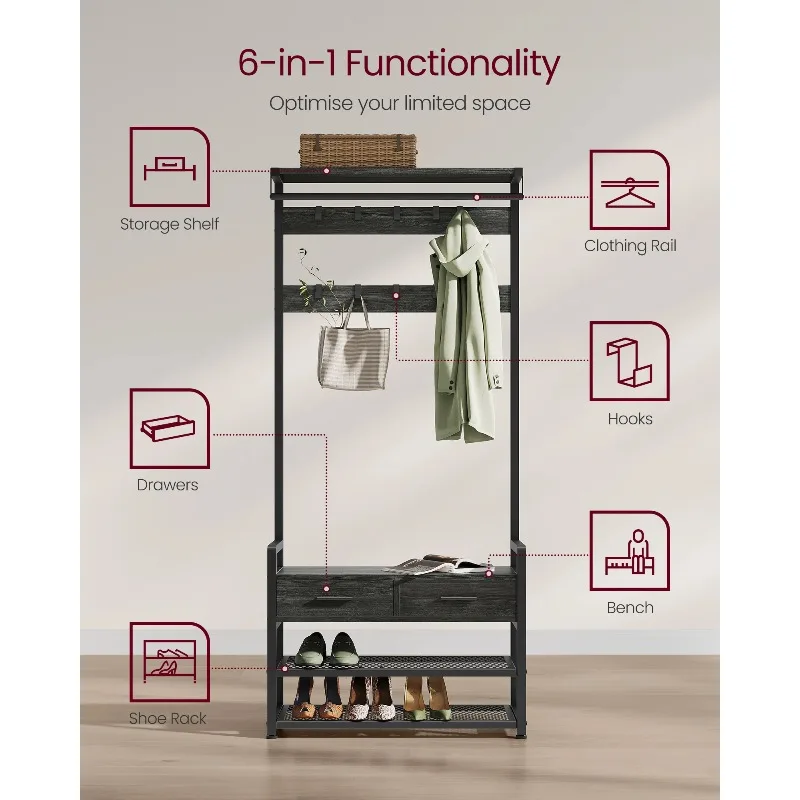 VASAGLE Hallway Coat Rack with Shoe Bench and 2 Fabric Drawers 3-in-1 Entryway Hall Tree with Coat Rack