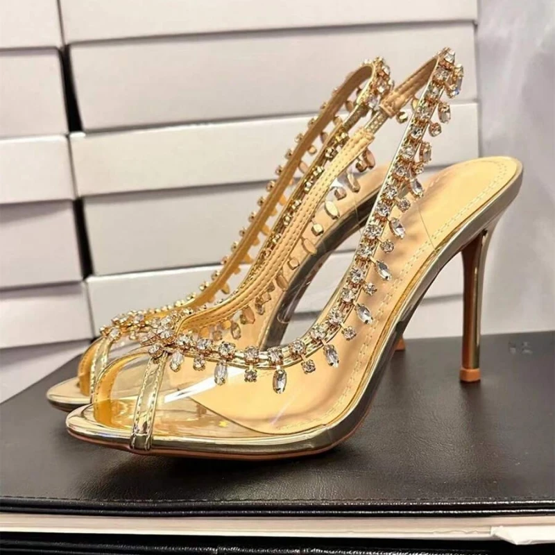 New Spring/Summer Women's High-Heeled Peep-Toe Sandals Rhinestone Chain Detail, Slingback Style, Perfect for Formal Events