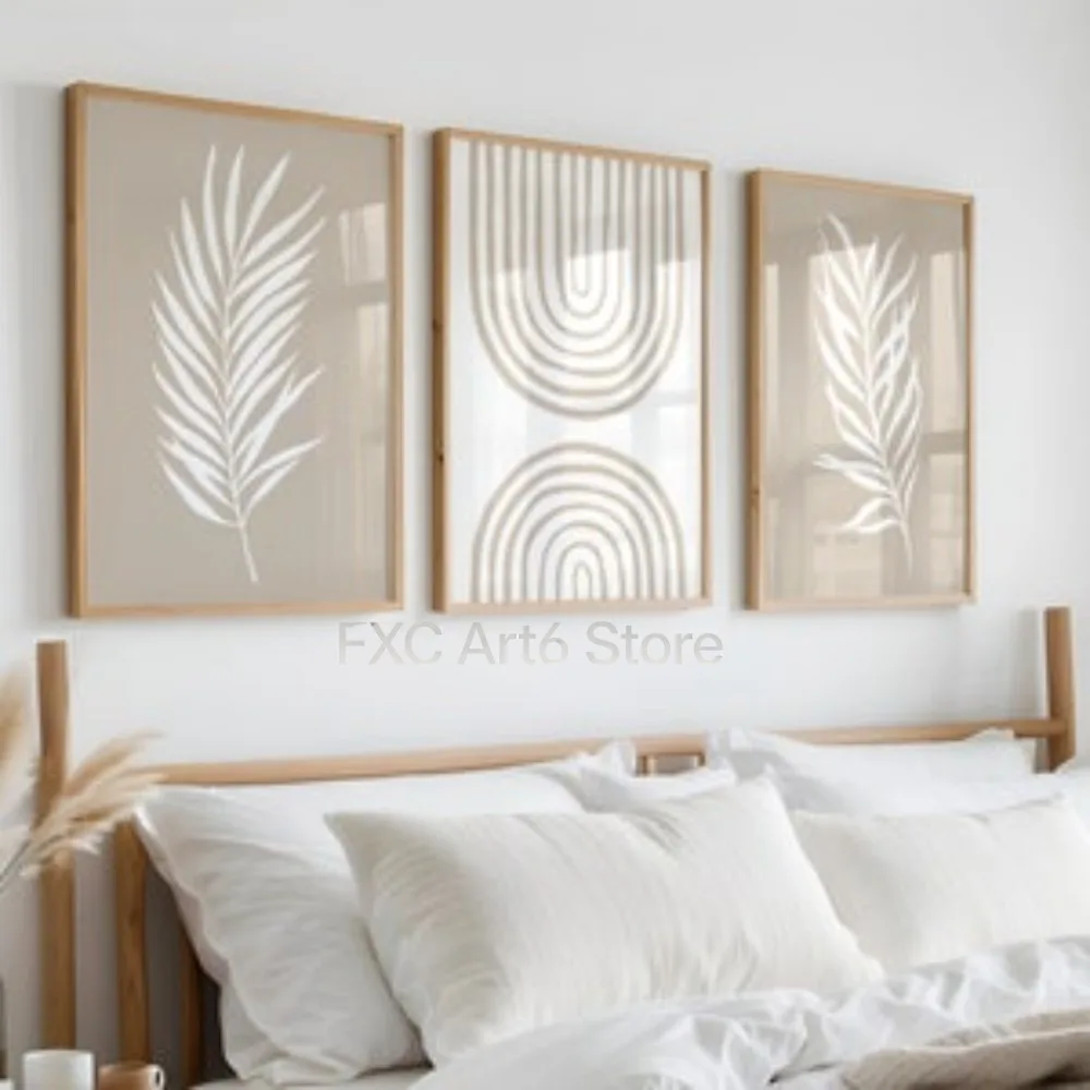 3PCS frameless   Beige Bohemian Printing, Palm Leaves, Abstract Rainbow Wall Art,Simple Abstract Art Decor,Living Room Bedroom D