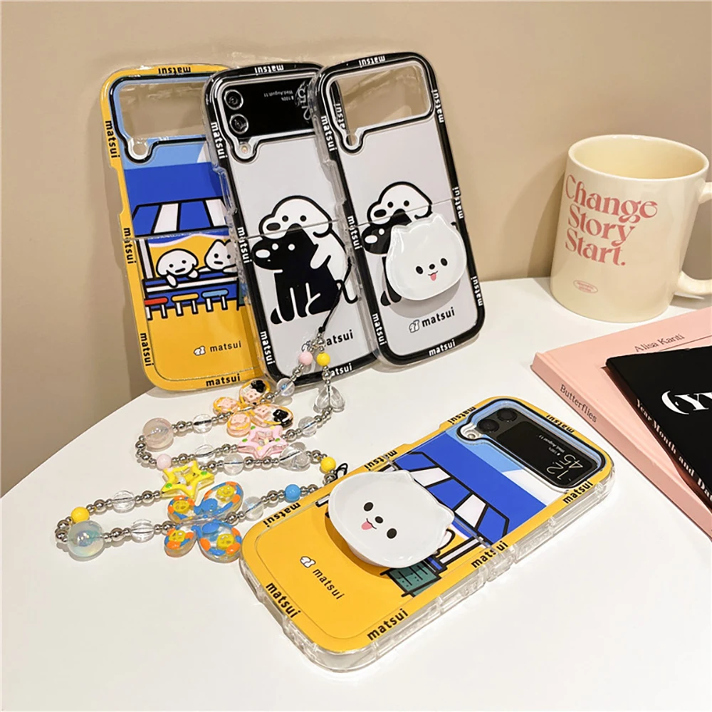 Cute Matsuies Dog with Bracelet Bring Support Phone Case for Samsung Galaxy Z Flip 3 4 Z Flip 5 6 5G PC Hard Back Cover Funda