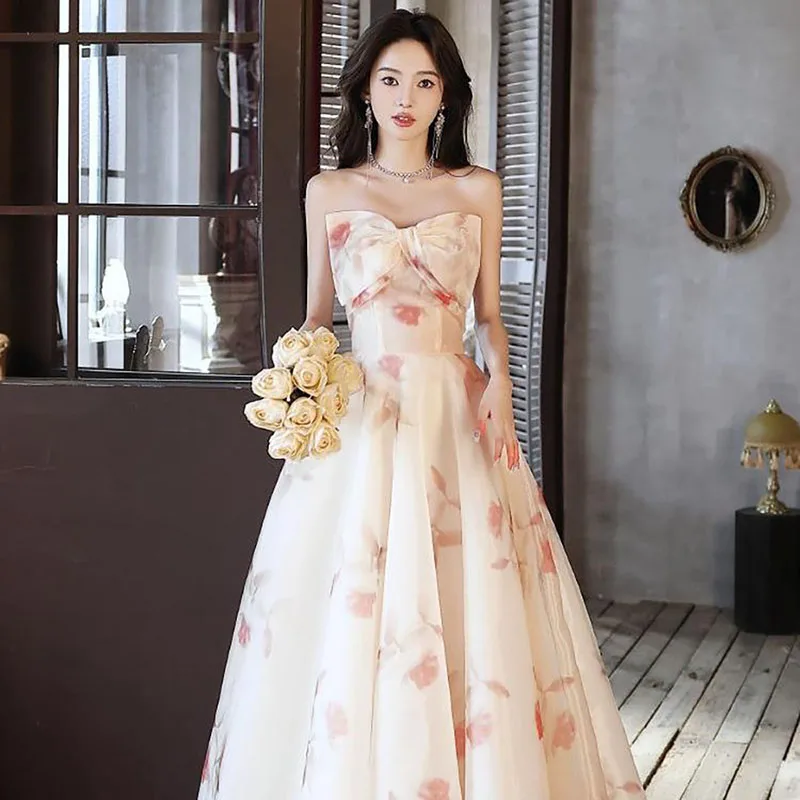 

Bowknot Tulle Princess Dress Flower Print Strapless Off Shoulder Floor-Length Romantic Evening Dresses Grace Gentle Fashion Gown