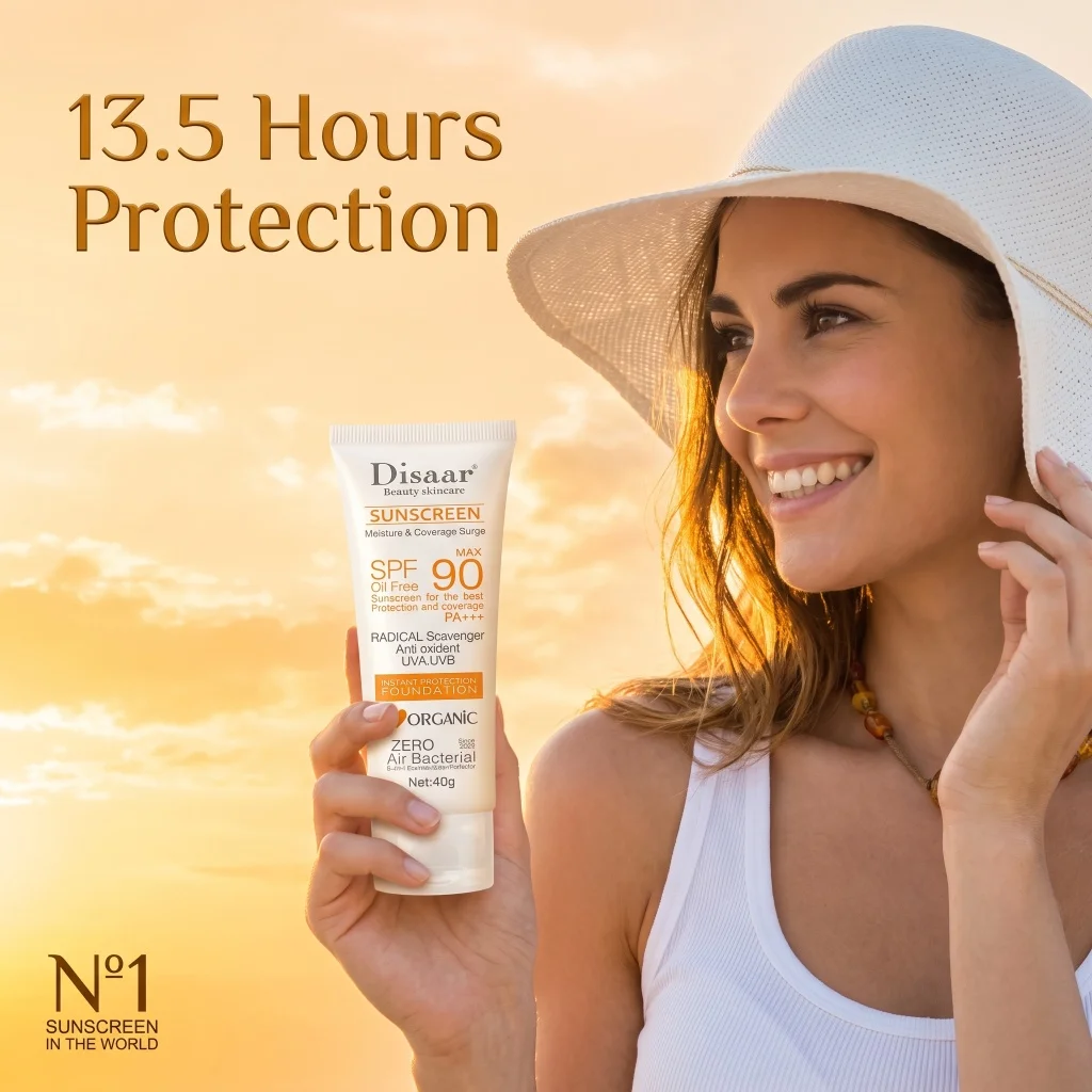 SPF90 PA+++ Oil Free Sunscreen Cream Organic Antioxidant UVA UVB Protection Hydrating Light Coverage Facial Sun Care Foundation
