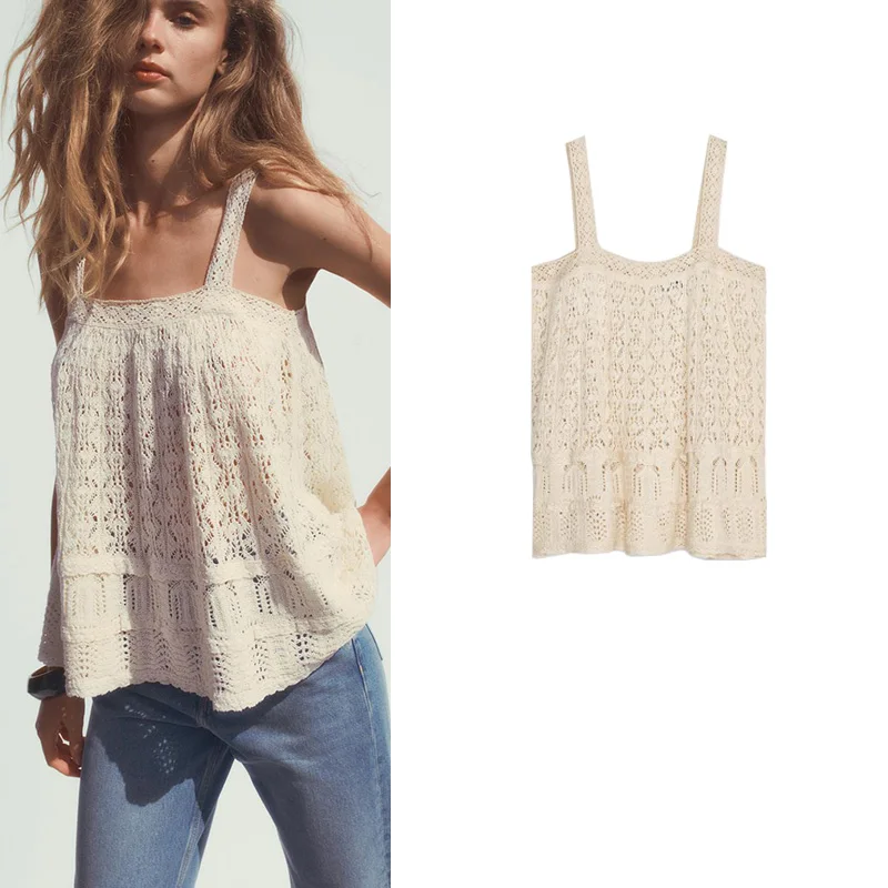 

Summer New Women's Knitted Wide oulder Strap Flower Trim Me Knit Top Straight Collar Hollow out Casual Loose Fit Vest