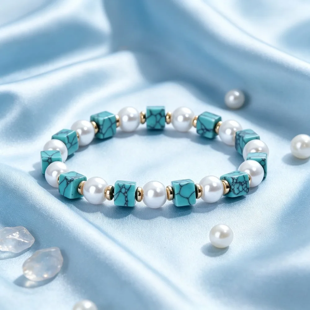 Turquoise Cube and Faux Pearl Beaded Bracelet – A Healing Crystal Bracelet for Gentle Self-Love and Personal Growth Jewelry