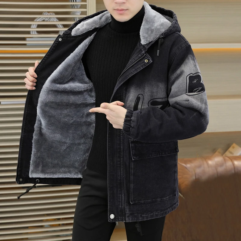 

Fashion Thicken Plush Liner Warm Hooded Denim Jacket 2025 Winter Casual Men's Fleece Coat Outwear Windproof Jean Parkas Clothing