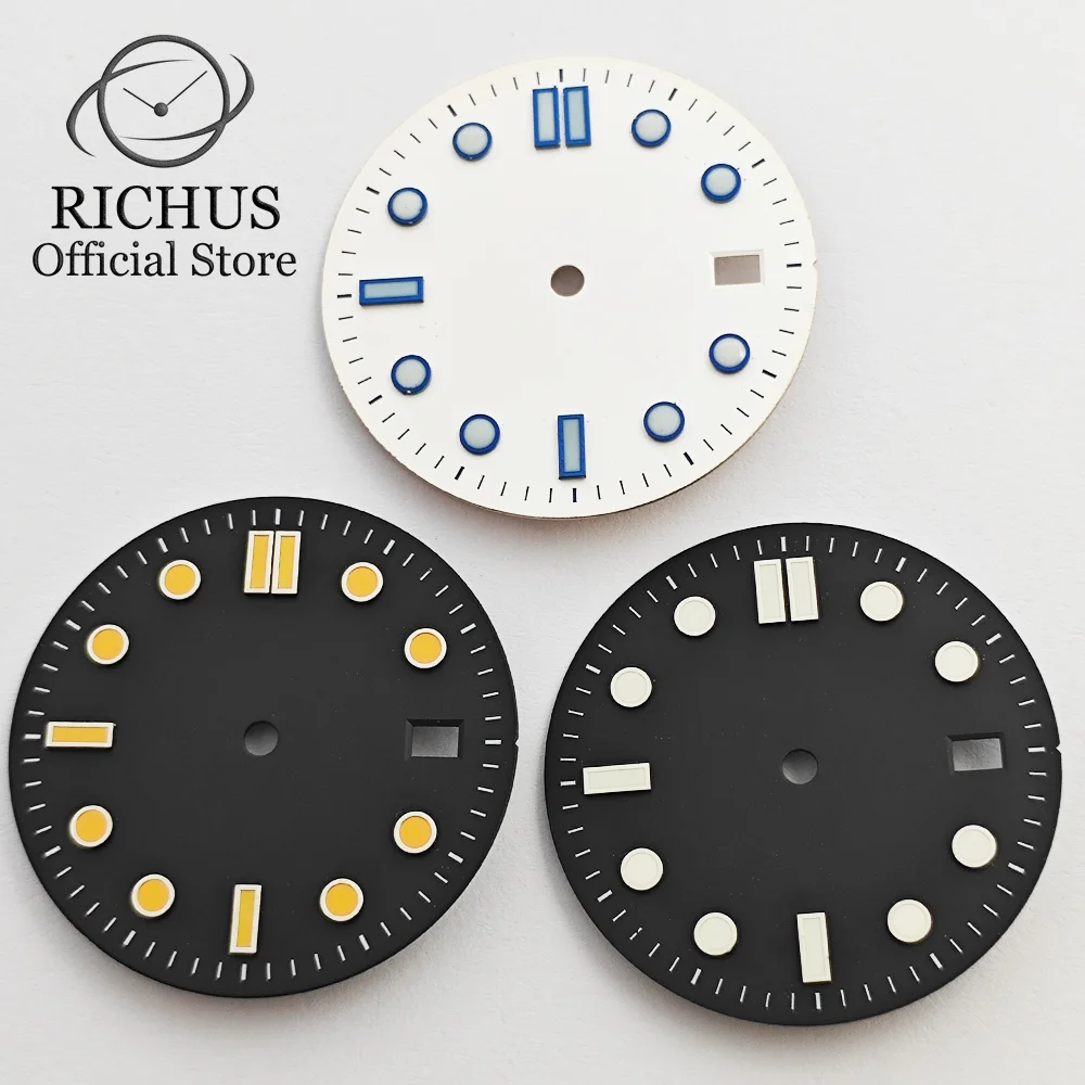 

RICHUS 31 мм синий, черный, белый циферблат для часов, зеленый светящийся, подходит для NH35 NH36, аксессуары для часов с механизмом, детали