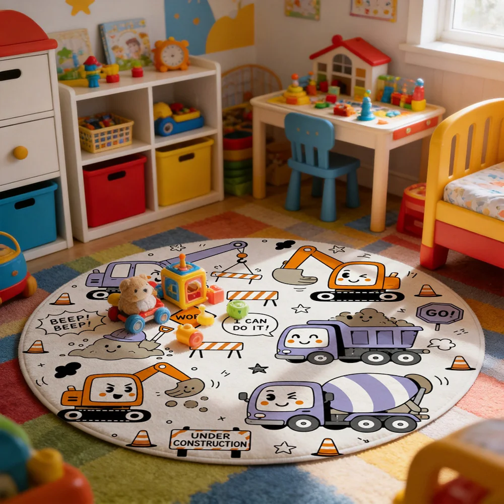 Cute Construction Vehicle Play Rug for Kids Nursery Floor Mat Toddler Activity Area Cartoon Digging Toys