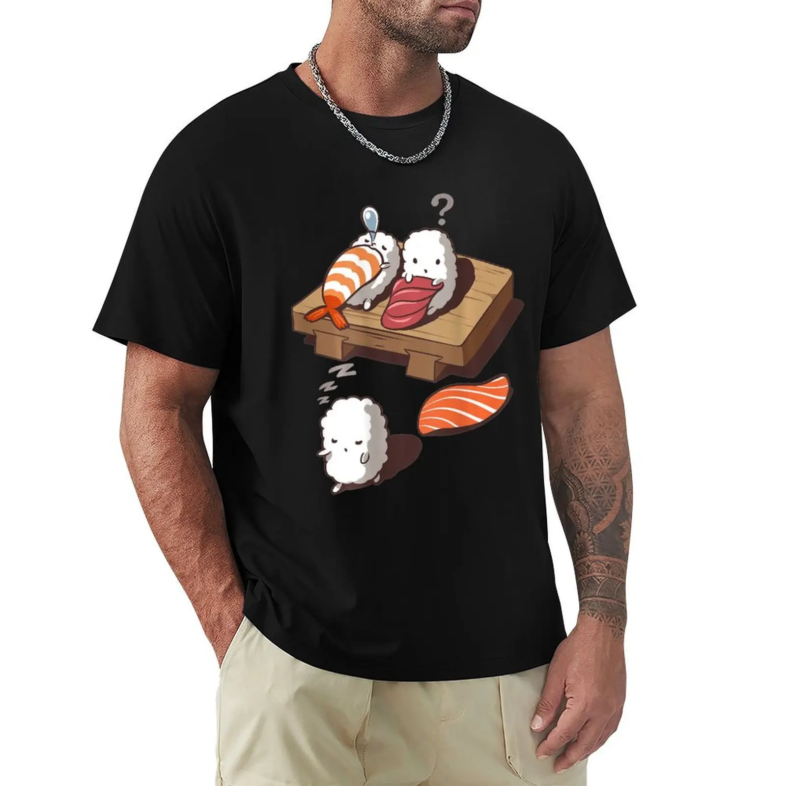 Lustiges japanisches Nigiri-Sushi-T-Shirt mit Schlafgeister-Motiv, strapazierfähiges, lässiges Arbeits-T-Shirt