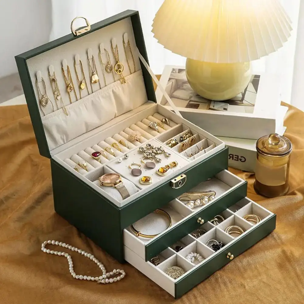 Caja de Joyería de Piel Sintética de Tres Niveles, Gran Capacidad, Organizador de Joyas, Estuche para Aretes, Collares y Pulseras