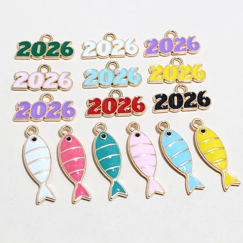 20pcs Enamel Fish Year Number 2026 Charms Pendant DIY Jewelry Making Craft Accessories for Earrings Necklace Bracelet Keychains