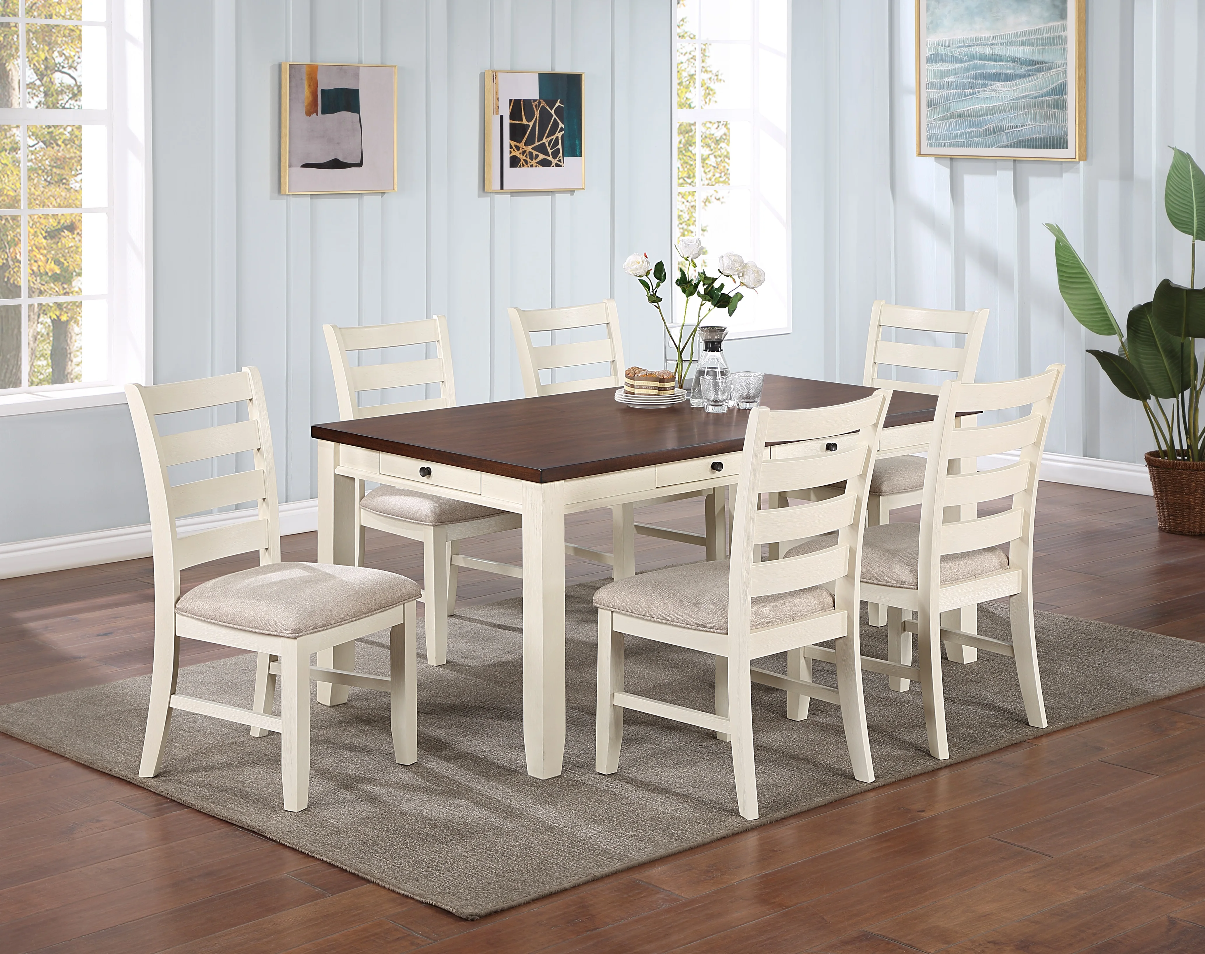 Classic Dining Room Furniture Rectangular Dining Table 1pc Dining Table Only White Rubberwood Walnut Acacia Veneer Table Top w P