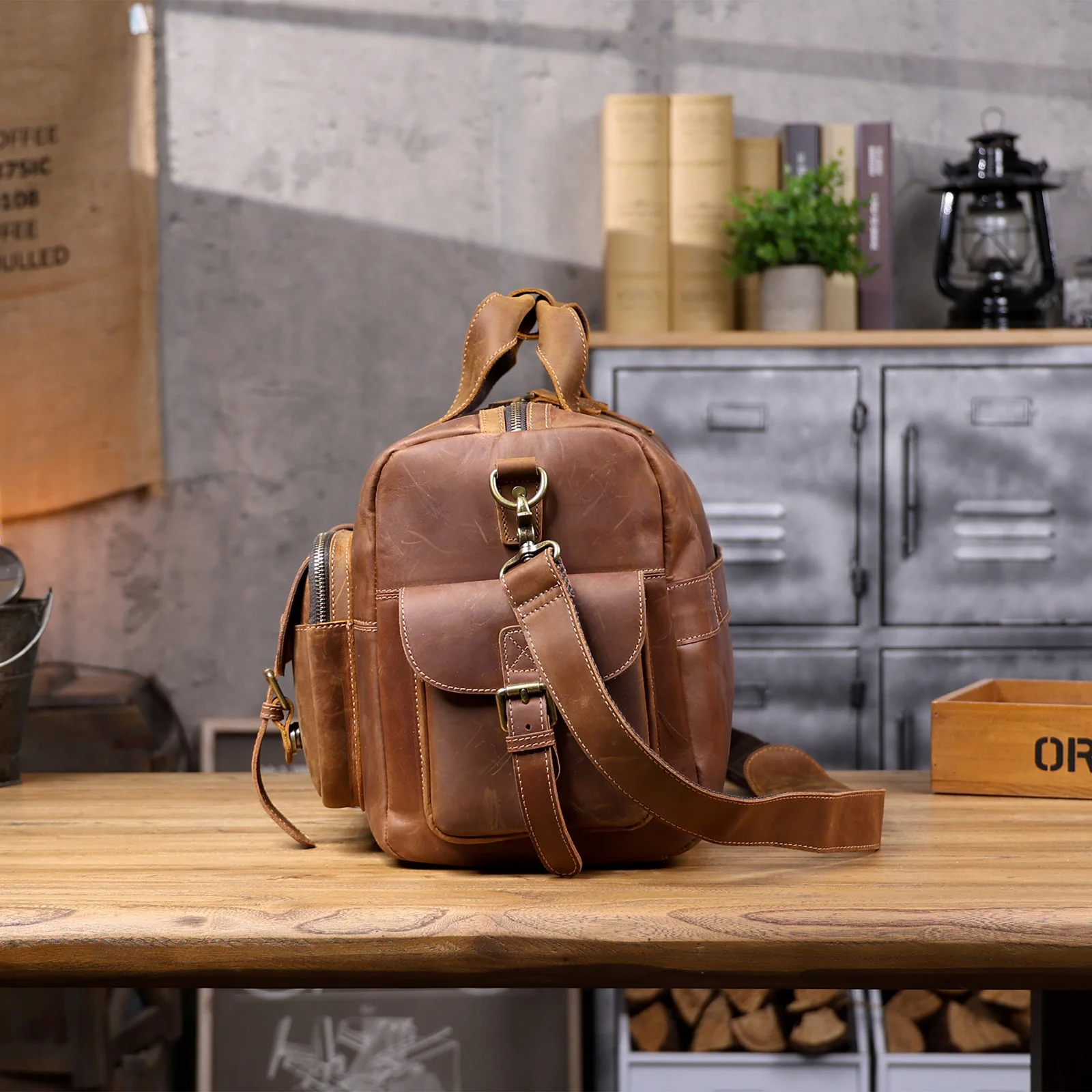 S.WORKER Vintage Vollnarbiges Rindsleder Reisetasche Große Kapazität Handgepäck Echtleder Weekender-Tasche – Detail 22