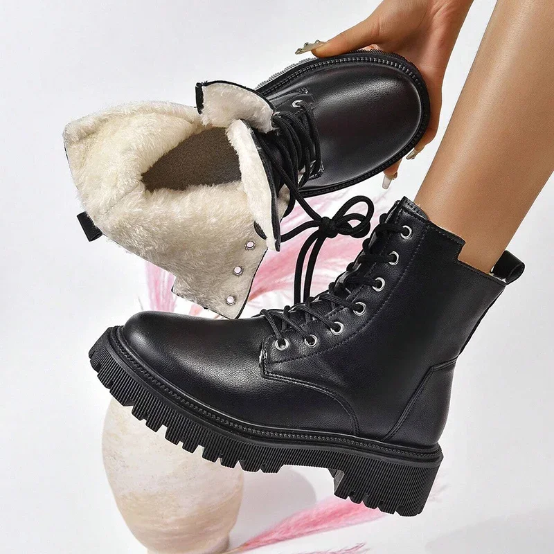 Winter Warm Short Plush Ankle Boots Women Fashion Zip Lace Up Platform Combat Boots Woman Comfy Low Heels Pu Leather Botas Mujer image 6