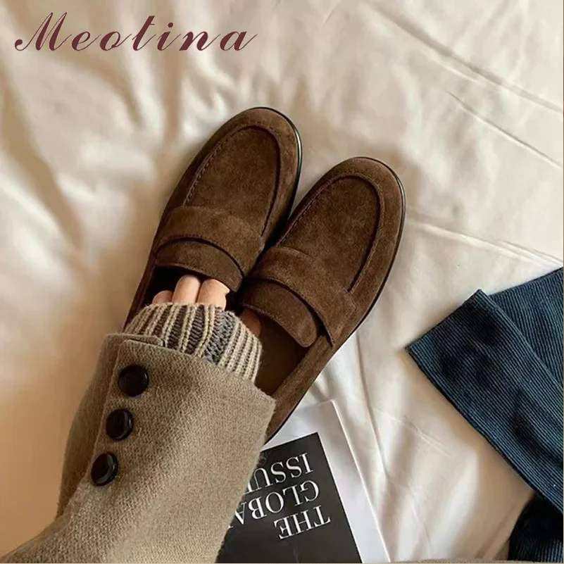 Meotina Women Loafers Round Toe Flats Metal Decoration Ladies Fashion Brand Design Career Shoes Spring Autumn Black Brown 40