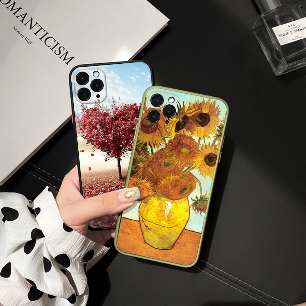 Phone Case for iphone 16Plus 15 14 13 12 11 16 Pro Max 8 7 Plus XS XR X SE Chrysanthemum Maple Leaves Oil Art Translucent Cover