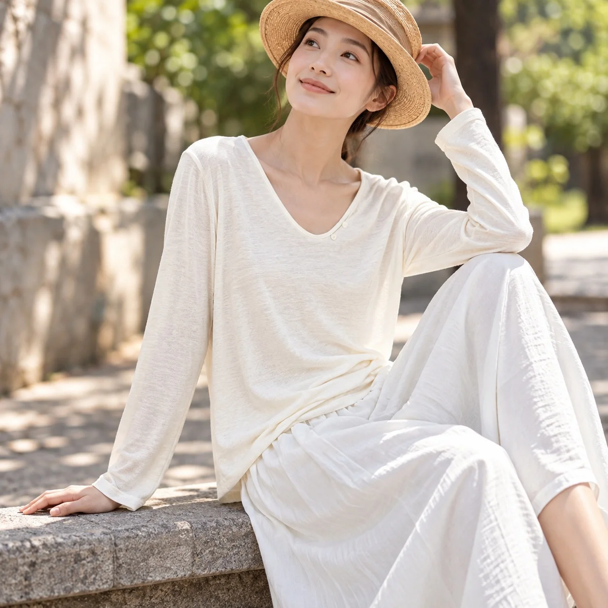 Button Closure Drop Neck Top Regular Length Japanese Korean Casual Long Sleeve T Shirt with Autumn Daily Travel Party for Women