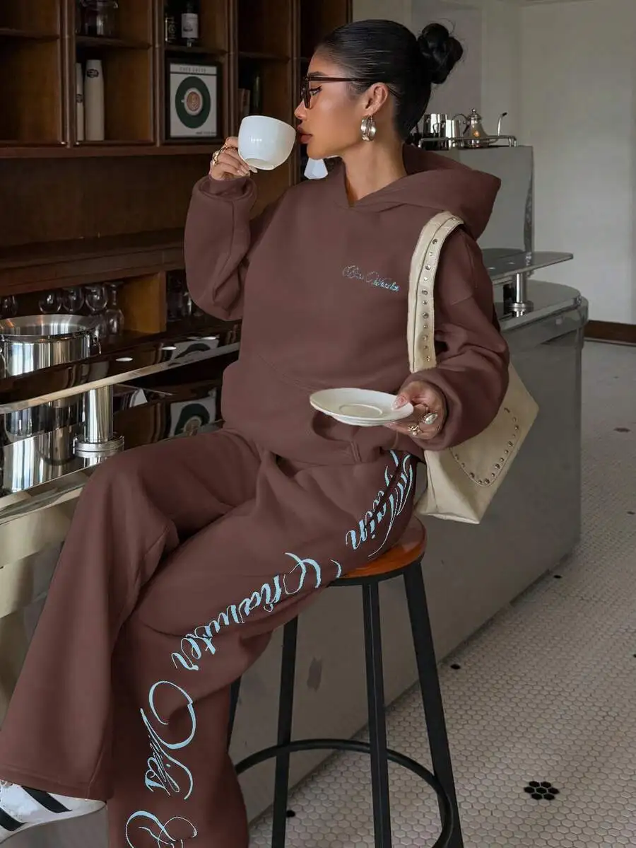 

Brown Hooded Tracksuit Set Women Long Sleeve Loose Sweatshirt And Pants Comfort Loungewear Two Piece Set
