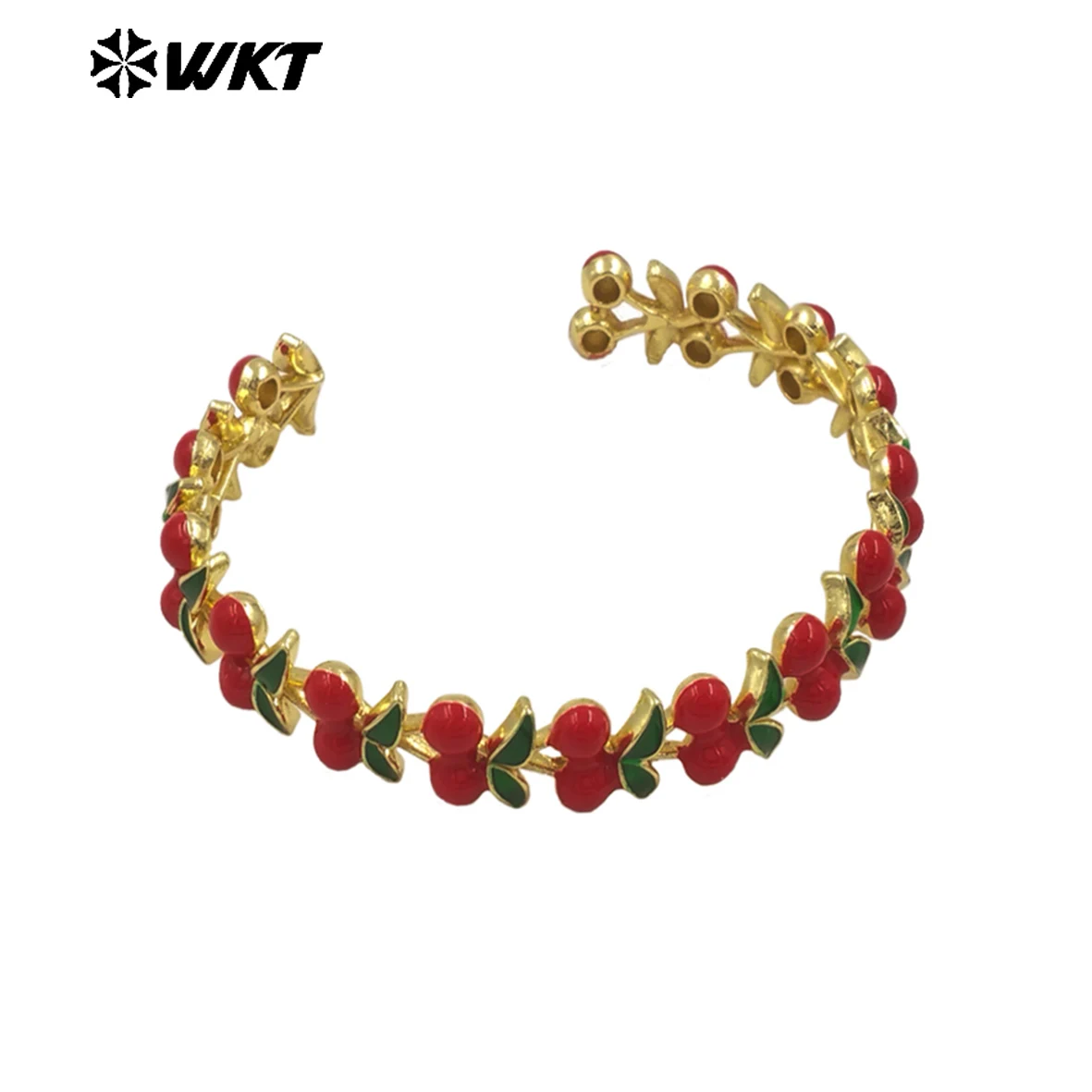 

WT-JF363 Yellow Brass With Drop Oil Cuff Bangle Cherry Shape With Real Gold Plated For Girl Precious Jewelry