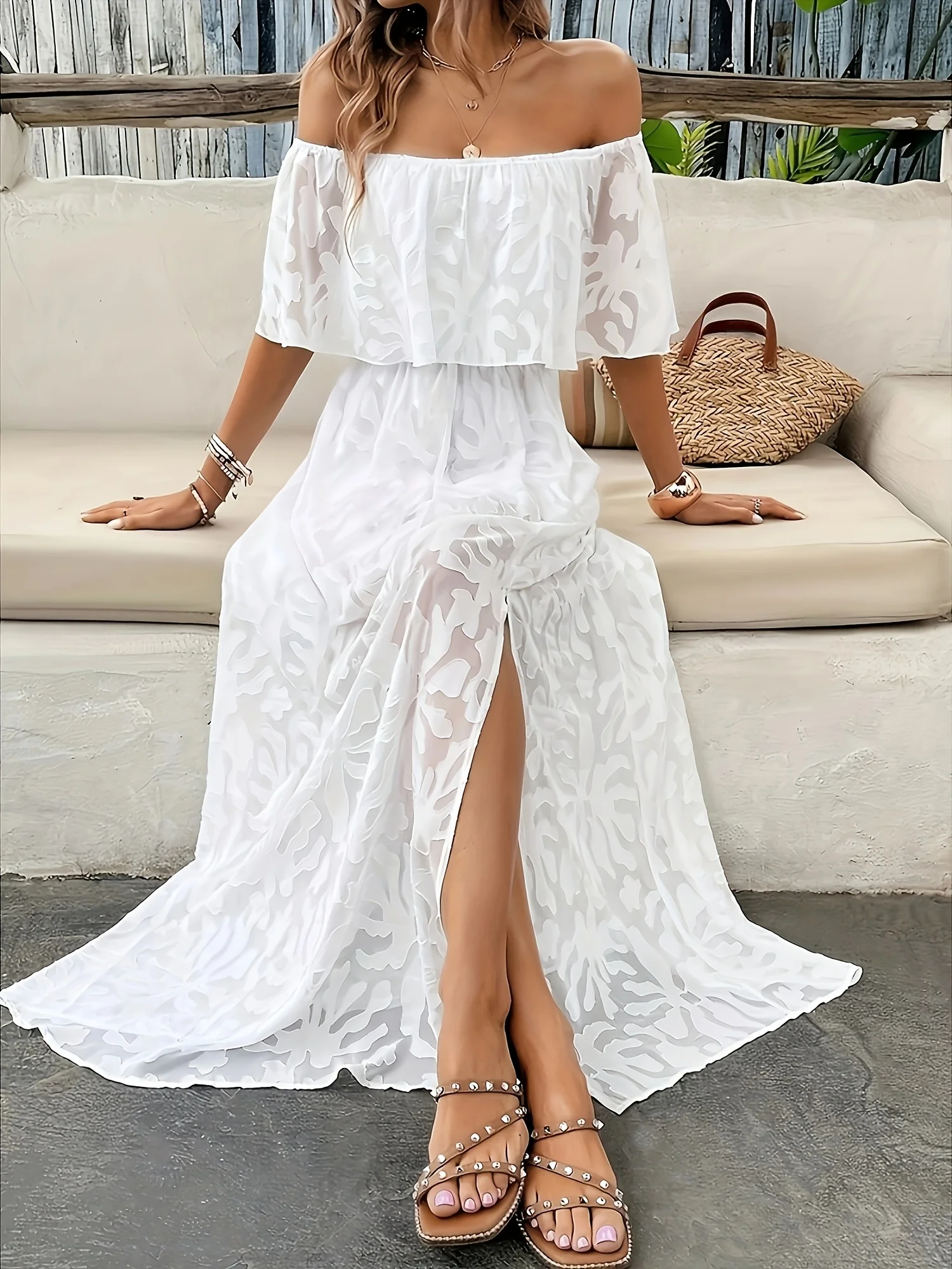 Women Bohemian White Long Dress Short Sleeve Off Shoulder Lace Ruffle Loose Dress Summer Holiday Beach Casual Dresses Female