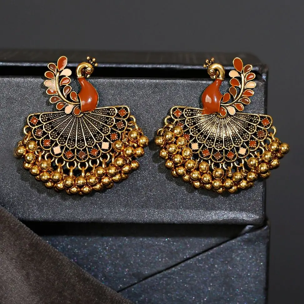 Ethnic Vintage Women\'s Blue Peacock Earrings Alloy Bollywood Oxidized Gold Color Beads Tassel Jhumka Dangle Earrings