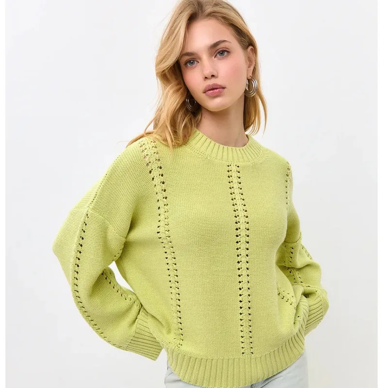 

2025 Korean Casual Sweater Women O Neck Solid Long Sleeves Hollow Out Knitted Top Loose Streetwear Pullover Jersey Mujer