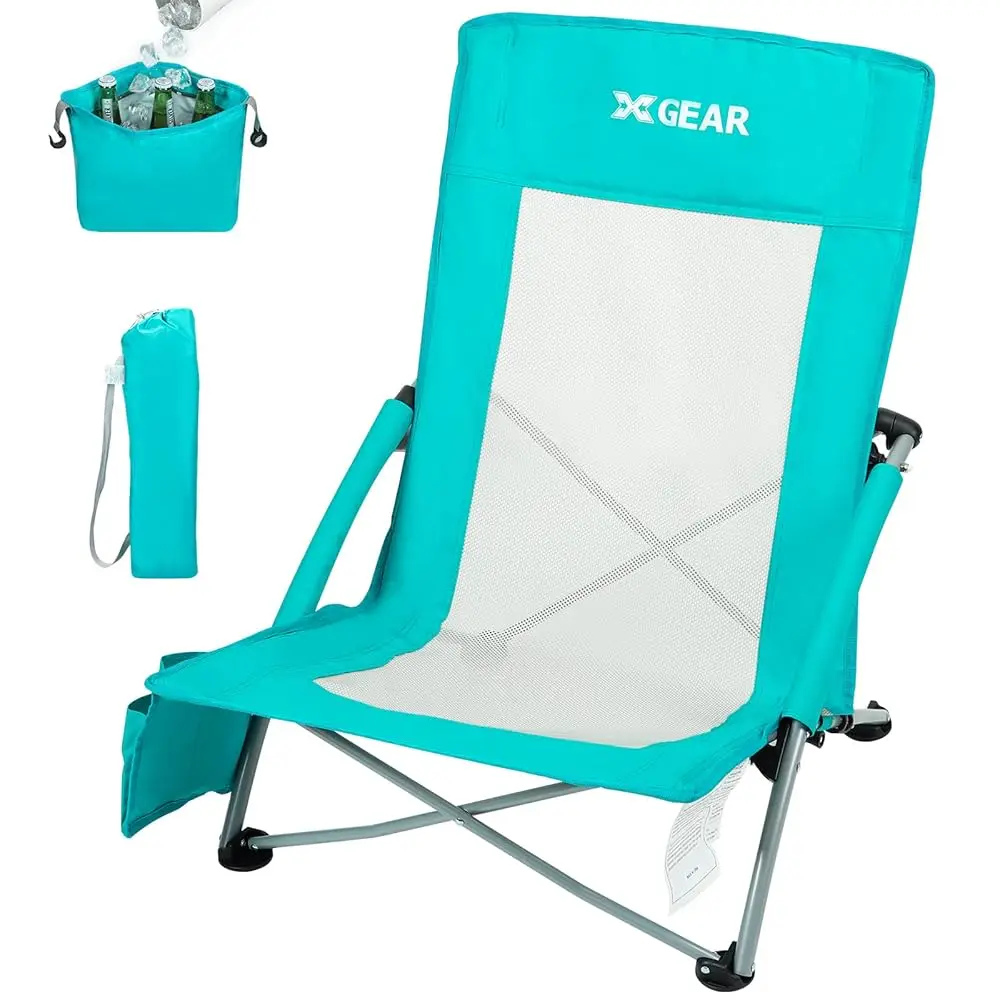 

High Ba Folding Beach Chair With Detachable Cooler Bag High Ba Mesh Ba Sand Chair For Beach, Lawn, Camping, Travel, Support Up