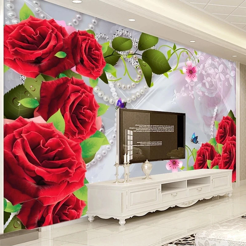 Custom Photo 3D Red Rose Flowers Bedroom Mural self-adhesive Wallpaper Living room background restaurant study Hotel butterfly