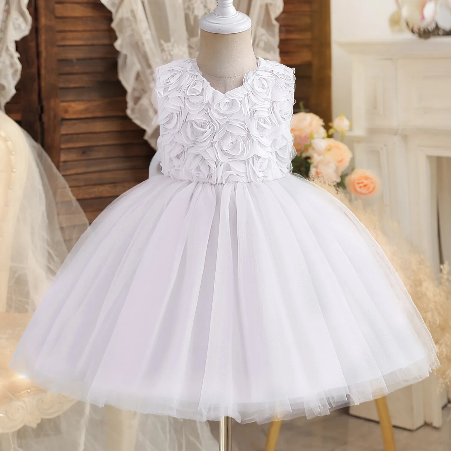 Toddler Baby Girls 1st Birthday White Baptism Dress Infant Bow Lace Wedding Party Gown Flower Girl Bridesmaid Dresses 0-5Yrs