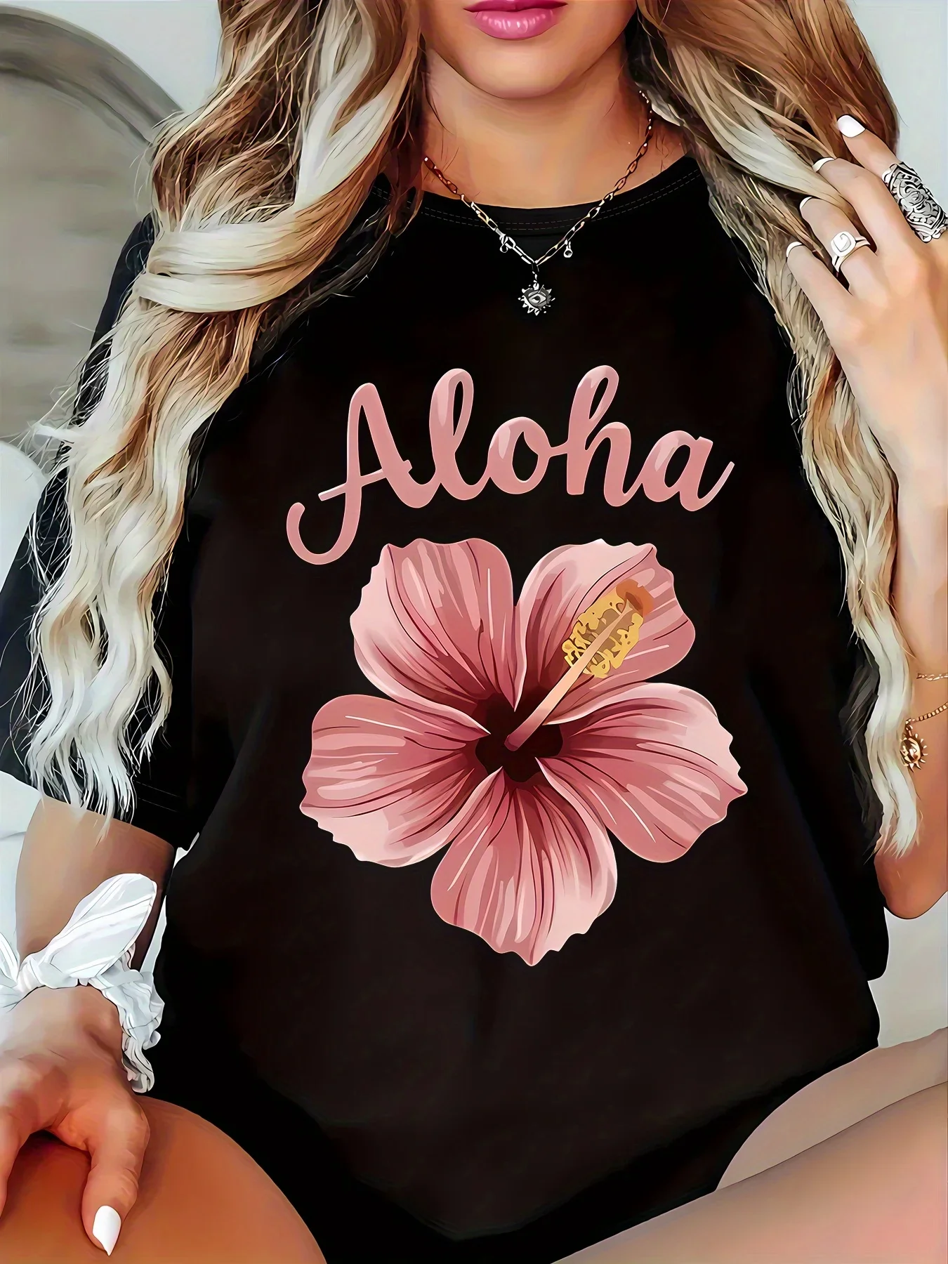Aloha Floral Print T-Shirt Polyester Fabric Round Neck Short Sleeve T Shirt Funny Flower Tee Tops Clothes Outfit Female Clothes