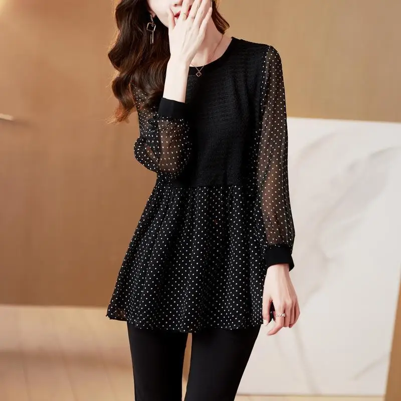 Black Polka Dot Chiffon Blouse Women Elegant Loose Fit Tops Vintage Spring Autumn Casual Office Lady Base Shirt 2026 New