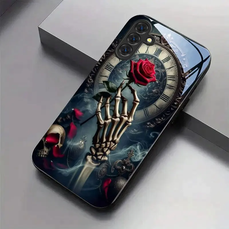 Skeleton Hand Holding Rose Pattern Tempered Glass Phone Case for Samsung Galaxy S26 S25 S24 S22 S21 S20 fe/plus/Ultra Anti Drop