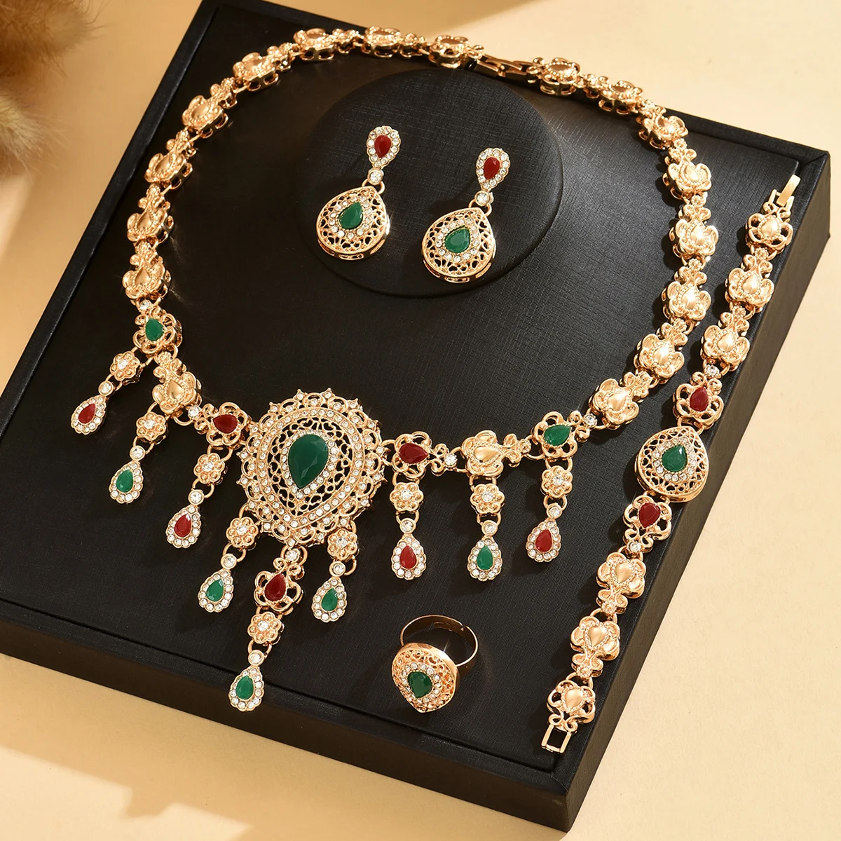 Red Green Droplet Flower Jewelry Set, Sparkling Hollow Inlaid Vintage Ethnic Moroccan Bridal Wedding Accessory