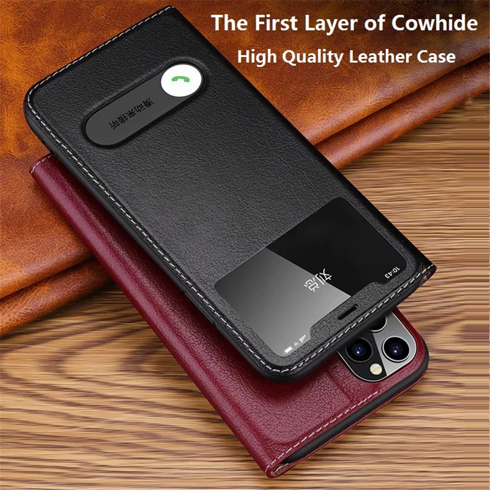 Genuine Leather Case for iPhone 16 Pro Max 11 12 13 14 15 Pro Max 16 Plus Luxury Yak Skin Pattern Window View Flip Cover