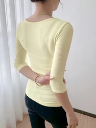 T-shirt Women Tees Black Gray Yellow Women's Summer T-shirt ribbed T-shirtHalf Sleeve Basic Casual Top Soft Tshirts Female White