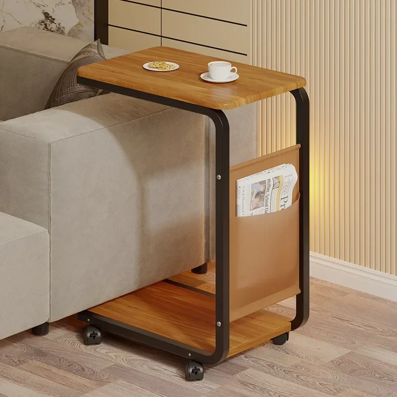 Movable side table with pulley Small coffee table Sofa side table Drinking water Drinking tea Bedside shelf Simple living room