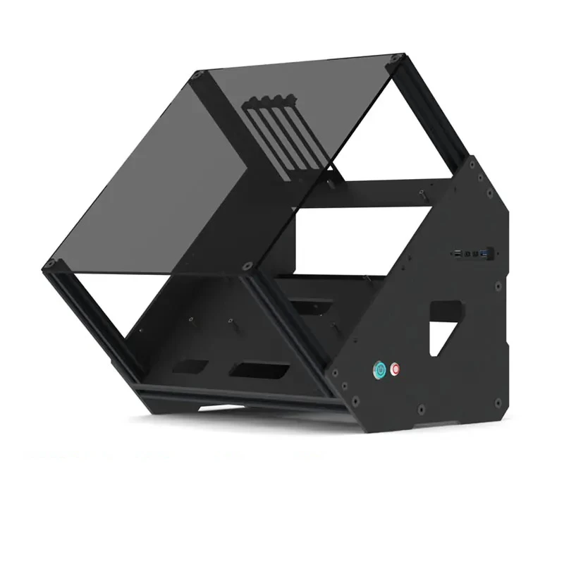45° Open Tilt PC Case Aluminum Frame Semi‑Transparent Acrylic Water‑Cooling Rack Bottom Cable Outlet for ATX MATX ITX Desktop