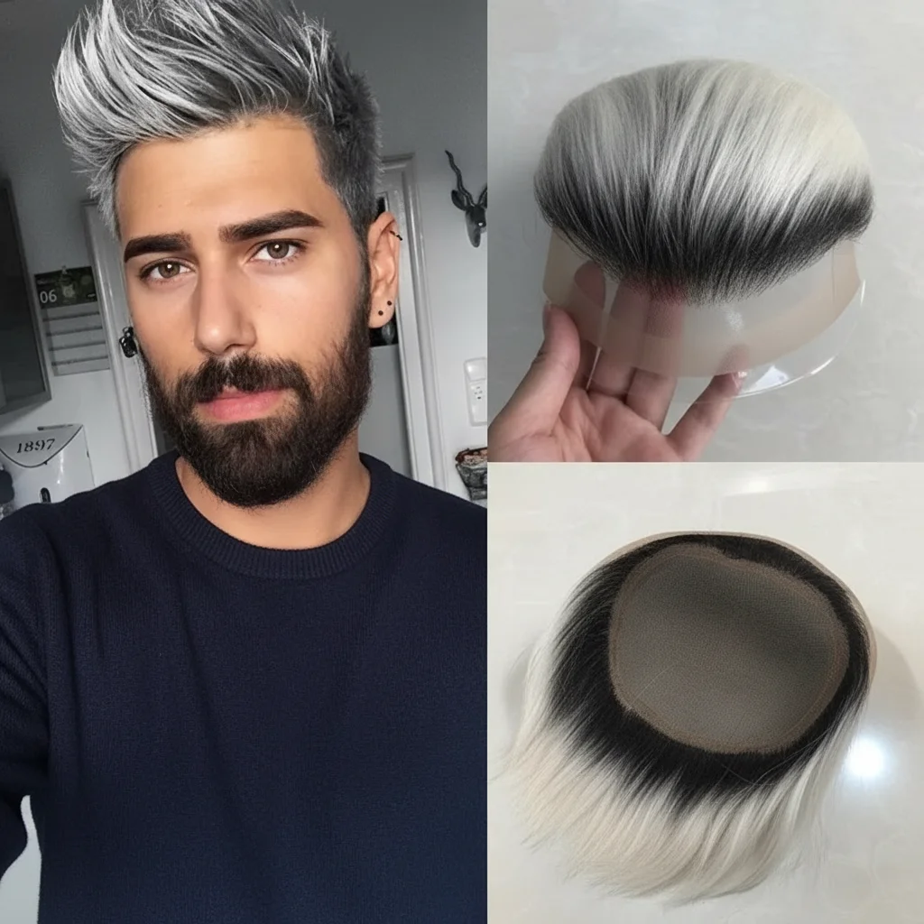 

Men Toupee Human Hair Mono Base Lace With PU Senior Solution Gray 1B20 1B60 1B80 Wig Straight