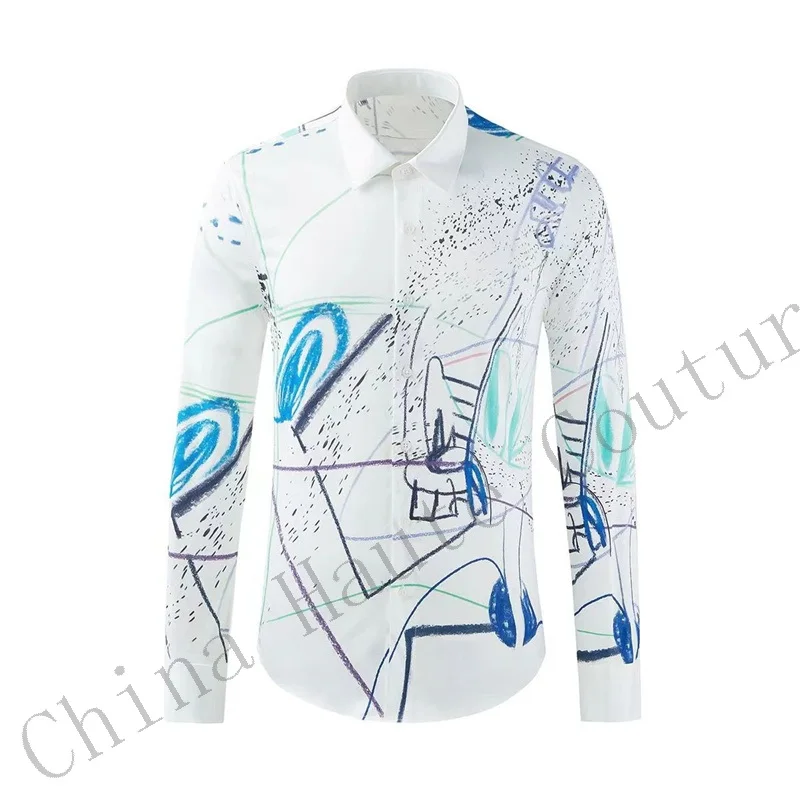 Luxury Letter Printed Shirt Men Long Sleeve Slim Fit Casual Shirt High Quality Banquet Party Tuxedo Social CamisaMasculina 2024