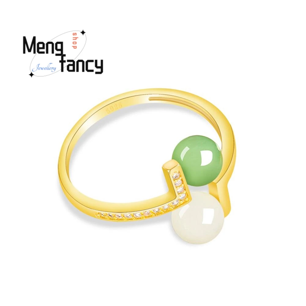 المواد الطبيعية القديمة Hetian اليشم حبة مستديرة خاتم ارتفع الذهب S925 الفضة مطعمة عالية الجودة المرأة مجوهرات الأزياء هدايا العيد