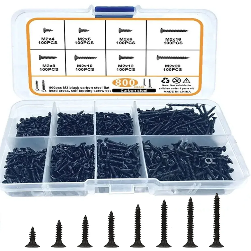800 Stück M2 schwarze Flachkopf-Kreuz-Kohlenstoffstahl-selbstschneidende Schrauben für Heim-DIY-Elektronik, Möbel, Metall, Holz, Reparatur