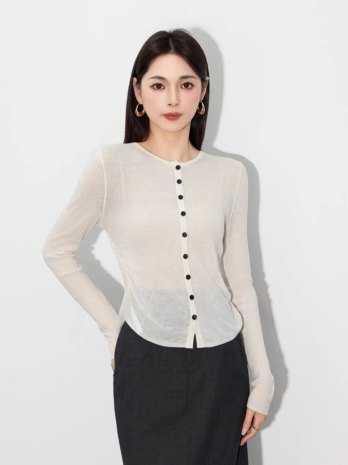 

Soft Skin-Friendly Knitted Open Cardigan Women's Waist-Cinching Pleated ort Top in Beige Color New Arrival for Autumn Season