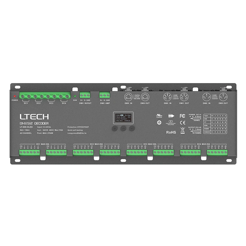 

LTECH Led DMX-PWM Decoder DC12-24V Input 3A*40CH 40 Channel Output RGB RGBW Strip Tape Controller XLR-3 XLR-5 RJ45 DMX512 Slave