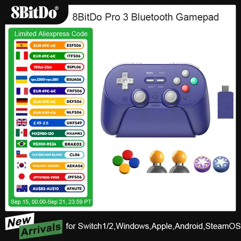 8BitDo Pro 3 블루투스 게임패드 무선 게임 컨트롤러 스위치 1/2, 윈도우, 애플용, TMR 조이스틱 교체 가능한 버튼 포함