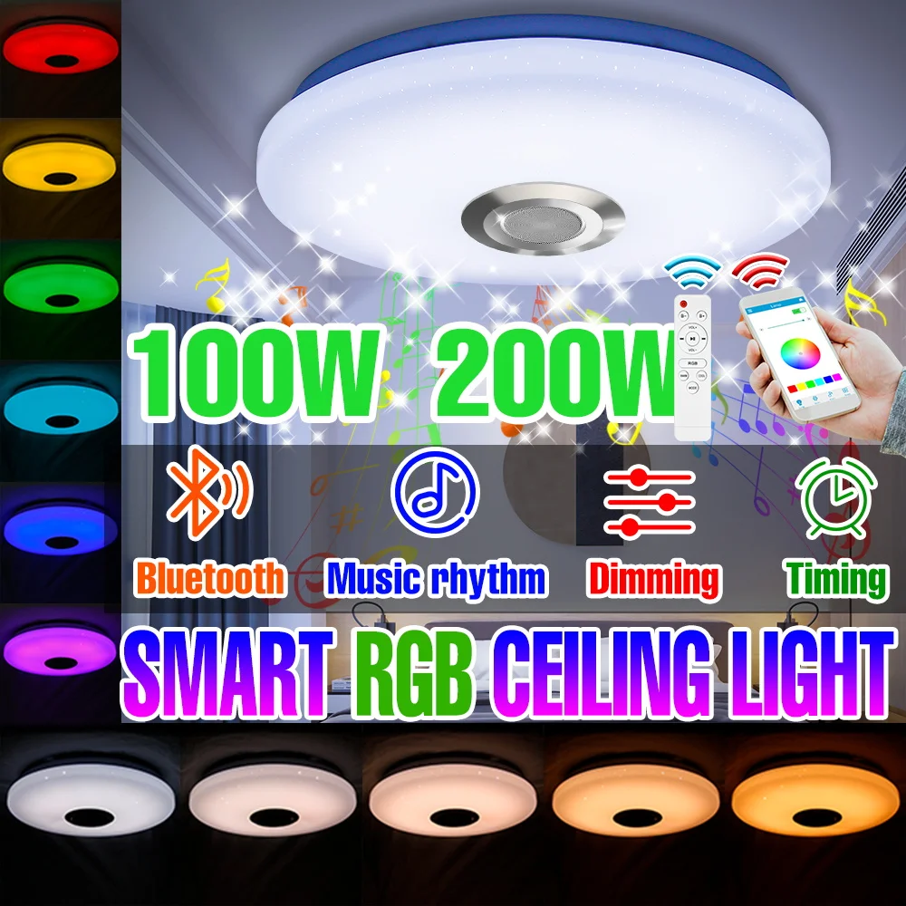 200W LED Smart Lamp RGB Round Ceiling Bulb Chandeliers Bluetooth Connection APP Remote Control Dimming Home Party Decor Lighting