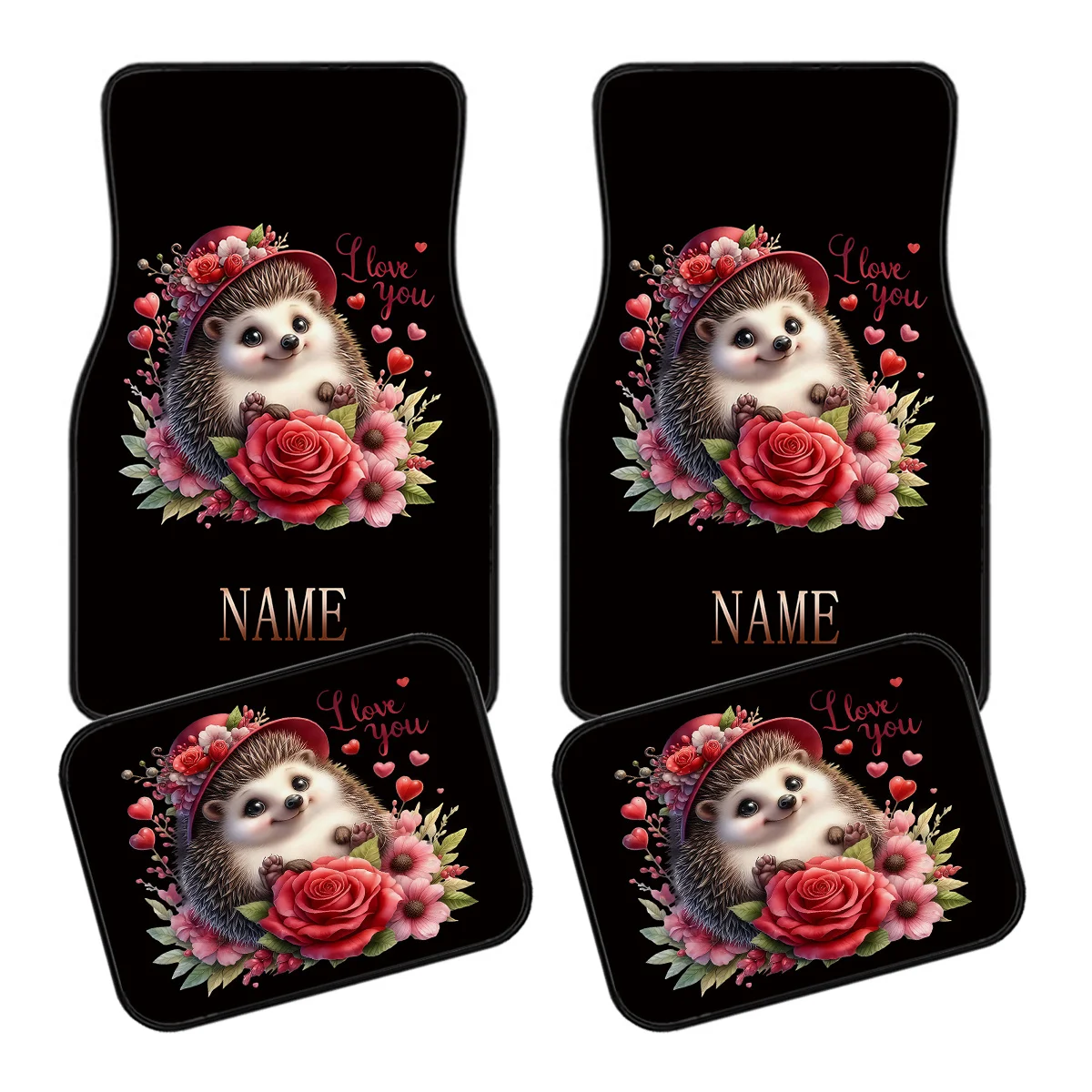4pcs Customizable Name Car Mats Featuring A Cute Hedgehog Rose Design - The Perfect Gift For Men/Women - Easy To Clean Car Inter