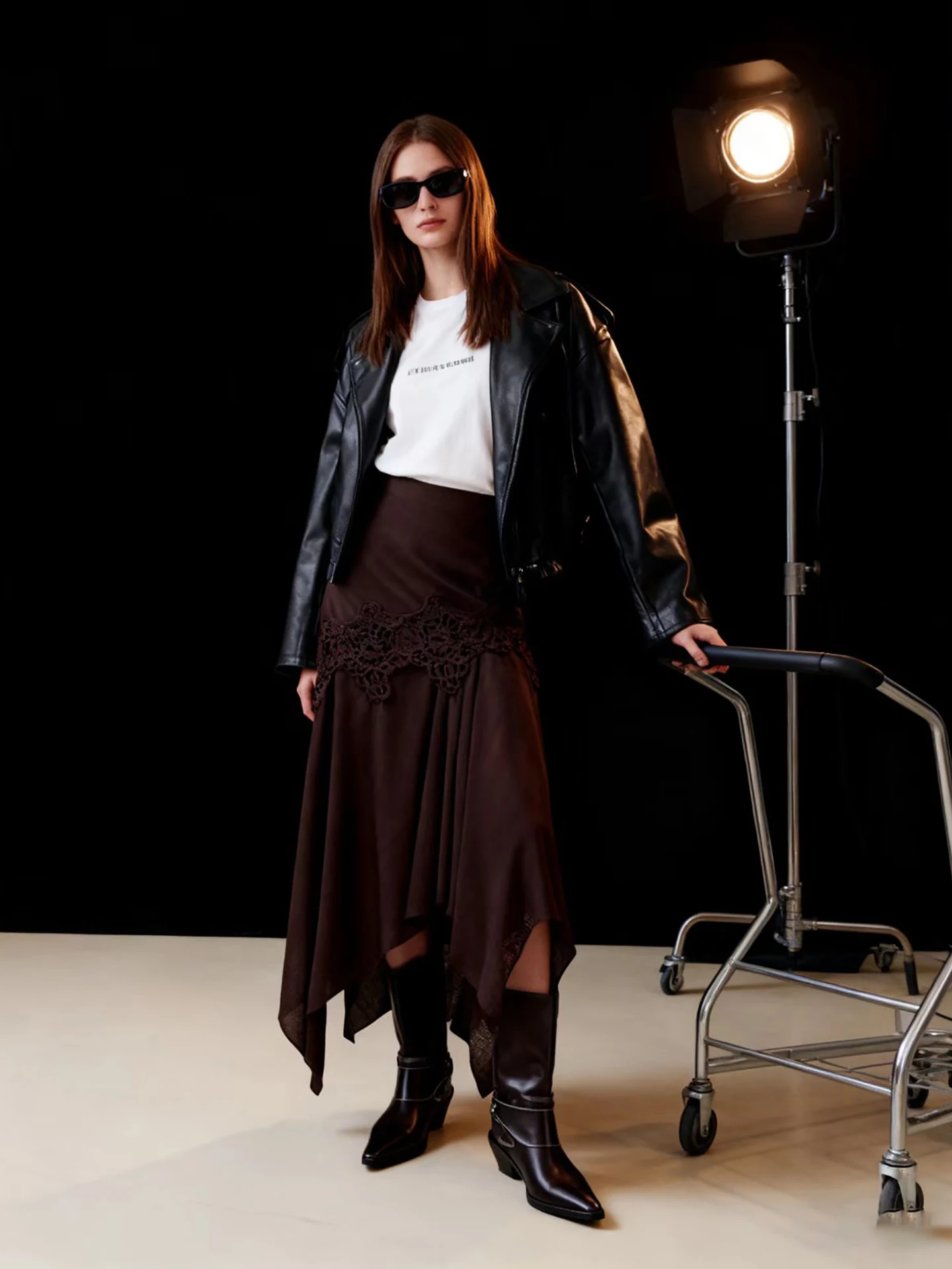 

High Waist Asymmetric Lace Splicing Skirt Coffee Color Commuter Long Skirt Breathable Polyester Fiber A-Line Skirt